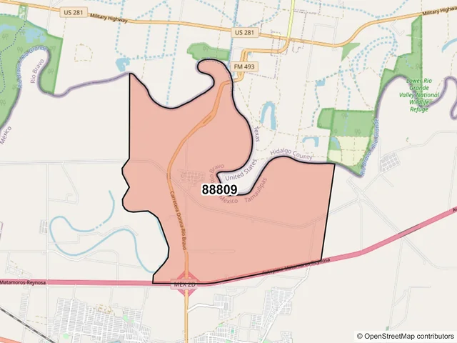 Mapa del código postal 88809, Río Bravo, Tamaulipas