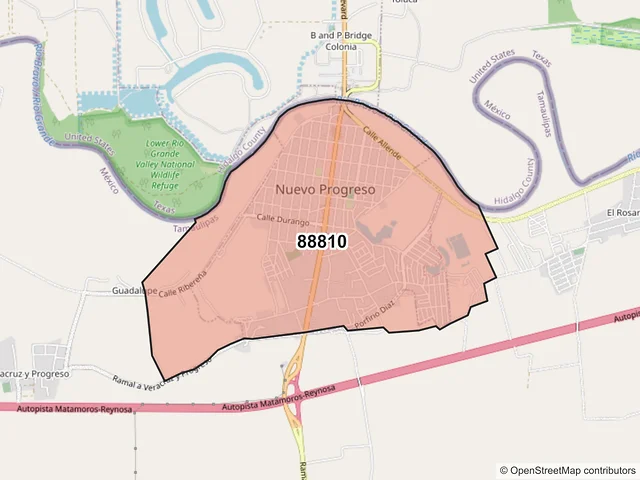 Mapa del código postal 88810, Río Bravo, Tamaulipas