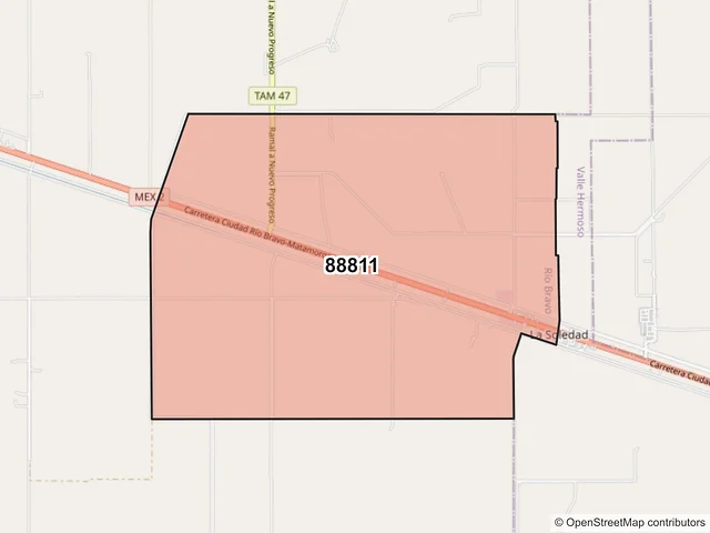 Mapa del código postal 88811, Río Bravo, Tamaulipas