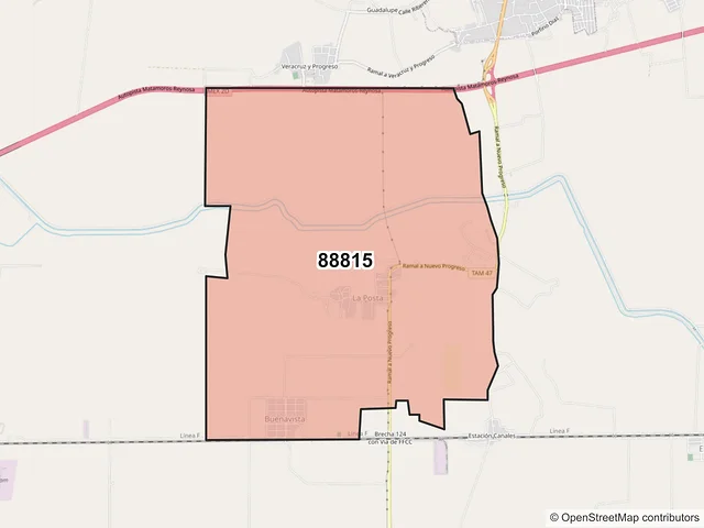 Mapa del código postal 88815, Río Bravo, Tamaulipas