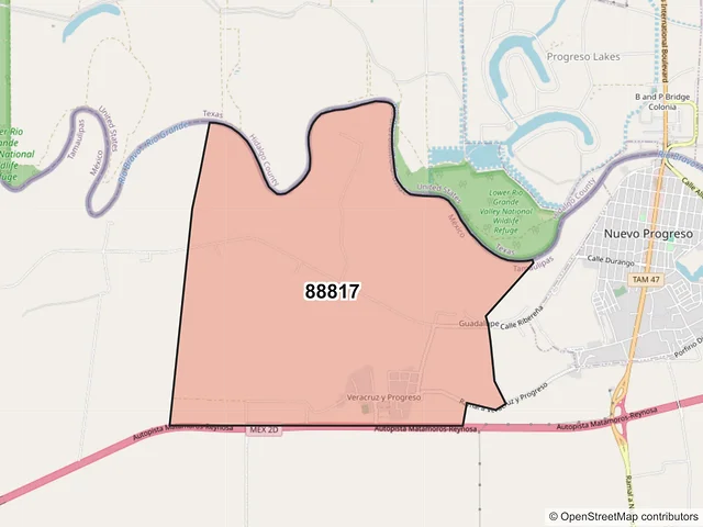 Mapa del código postal 88817, Río Bravo, Tamaulipas