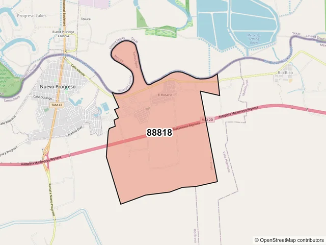 Mapa del código postal 88818, Río Bravo, Tamaulipas