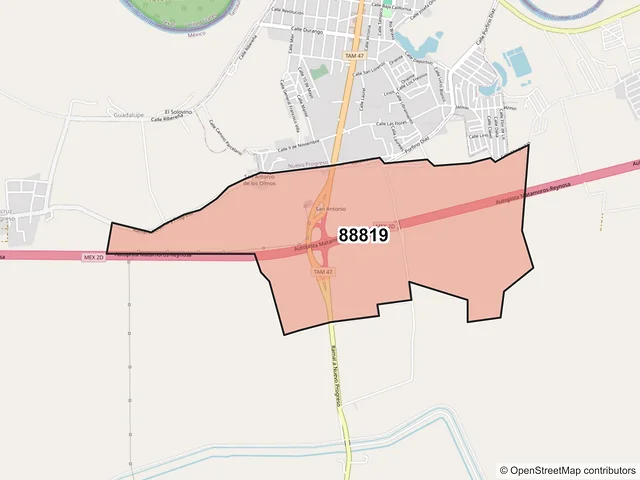 Mapa del código postal 88819, Río Bravo, Tamaulipas