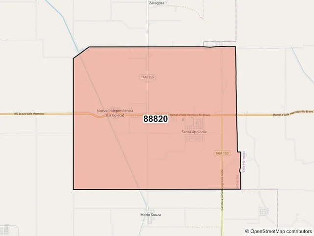 Mapa del código postal 88820, Río Bravo, Tamaulipas
