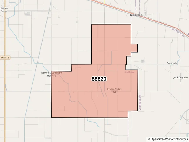 Mapa del código postal 88823, Río Bravo, Tamaulipas