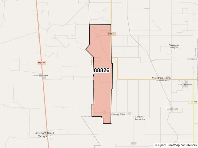 Mapa del código postal 88826, Río Bravo, Tamaulipas