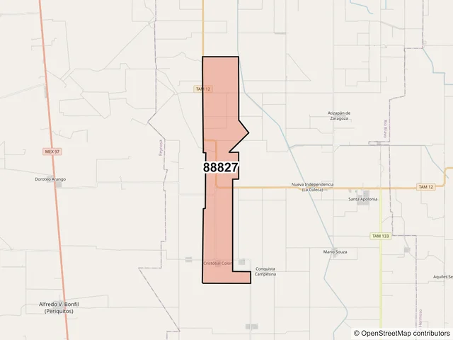 Mapa del código postal 88827, Río Bravo, Tamaulipas