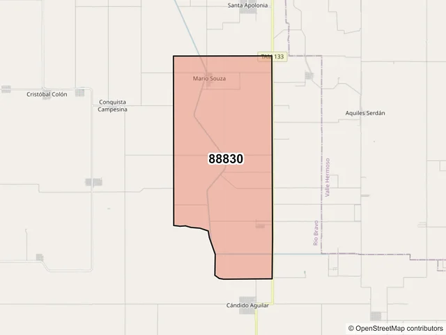 Mapa del código postal 88830, Río Bravo, Tamaulipas