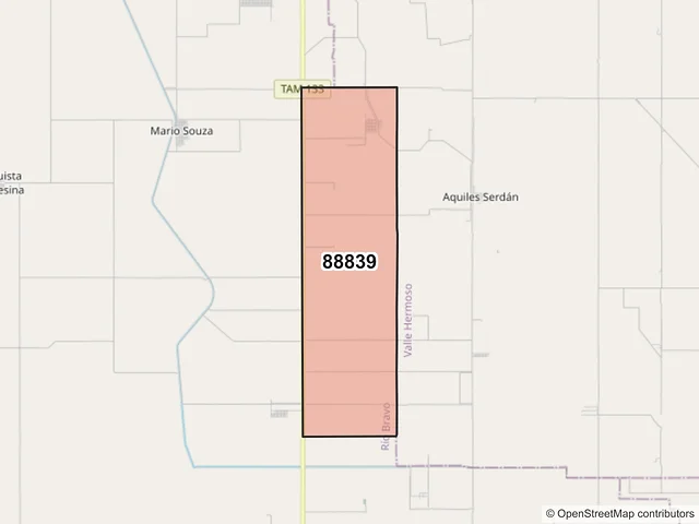 Mapa del código postal 88839, Río Bravo, Tamaulipas