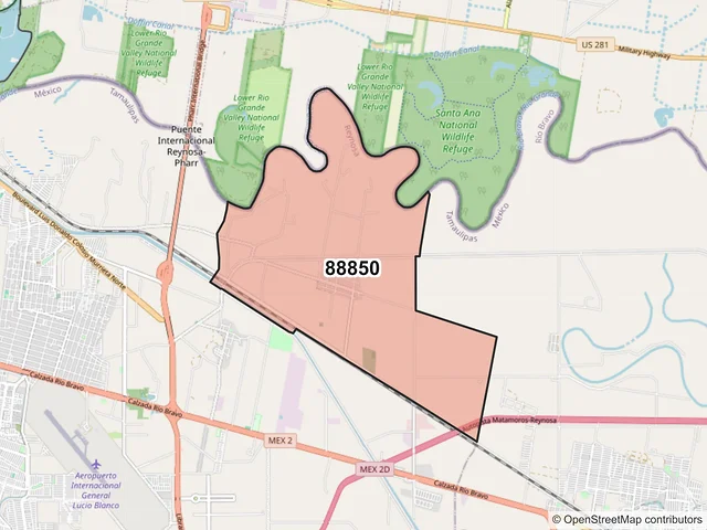 Mapa del código postal 88850, Reynosa, Tamaulipas