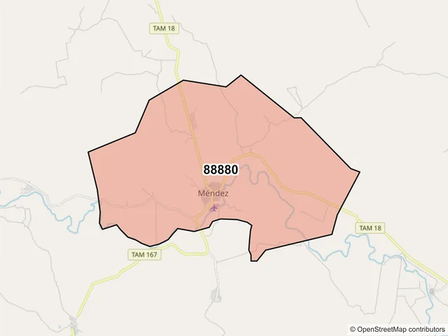 Mapa del código postal 88880, Méndez, Tamaulipas