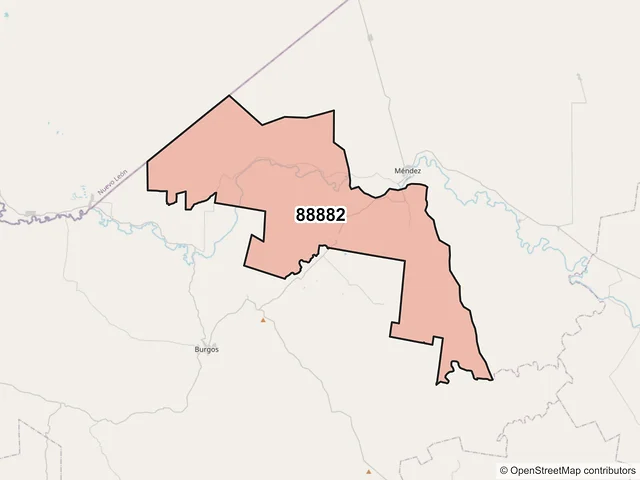 Mapa del código postal 88882, Méndez, Tamaulipas