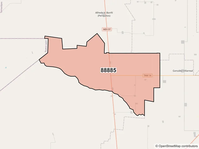 Mapa del código postal 88885, Méndez, Tamaulipas