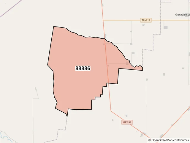 Mapa del código postal 88886, Méndez, Tamaulipas