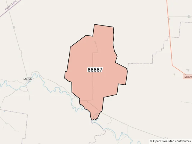 Mapa del código postal 88887, Méndez, Tamaulipas