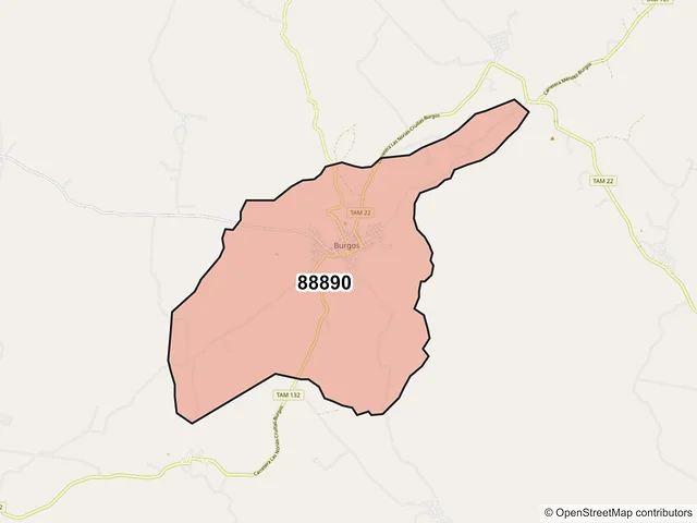 Mapa del código postal 88890, Burgos, Tamaulipas