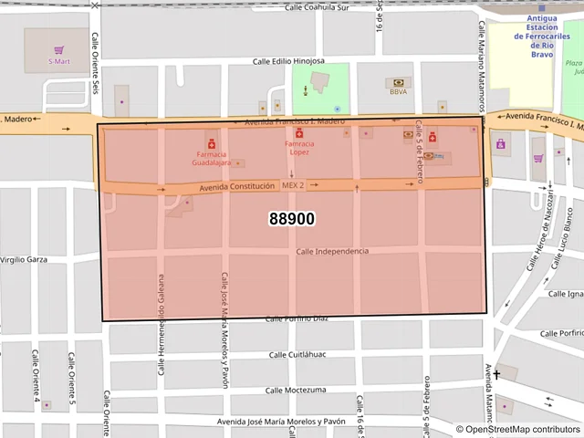 Mapa del código postal 88900, Río Bravo, Tamaulipas
