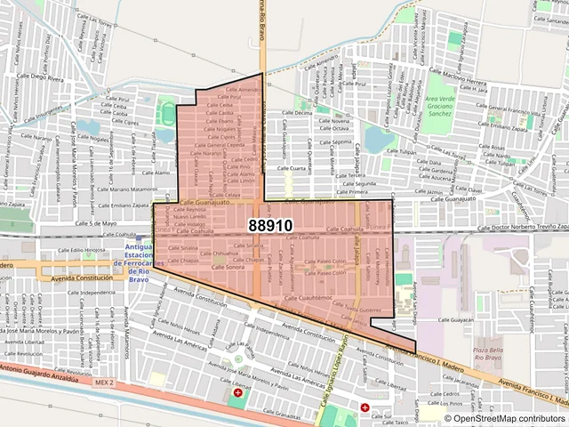 Mapa del código postal 88910, Río Bravo, Tamaulipas