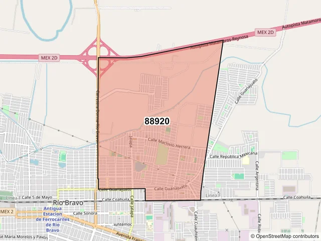 Mapa del código postal 88920, Río Bravo, Tamaulipas