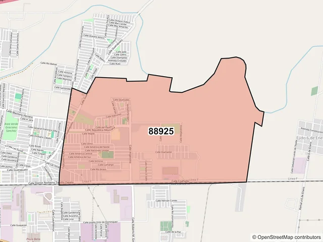 Mapa del código postal 88925, Río Bravo, Tamaulipas