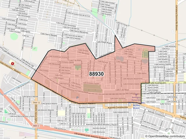Mapa del código postal 88930, Río Bravo, Tamaulipas