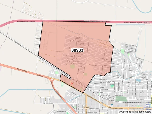 Mapa del código postal 88933, Río Bravo, Tamaulipas