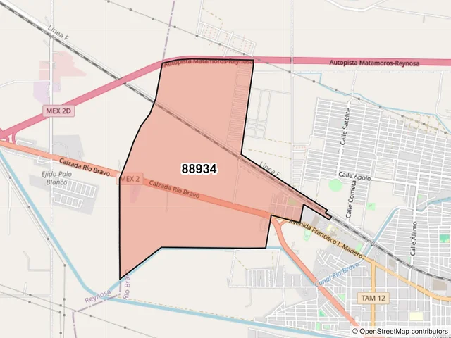 Mapa del código postal 88934, Río Bravo, Tamaulipas