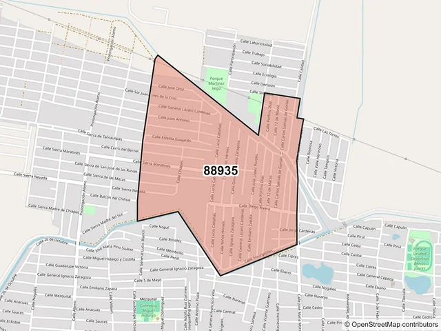 Mapa del código postal 88935, Río Bravo, Tamaulipas