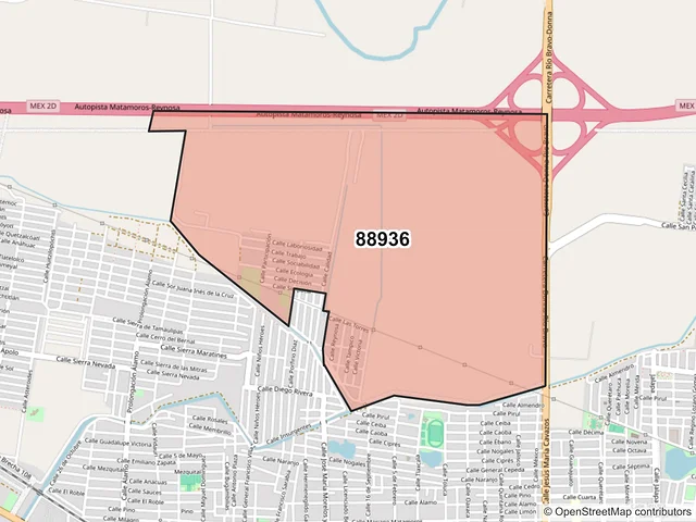 Mapa del código postal 88936, Río Bravo, Tamaulipas