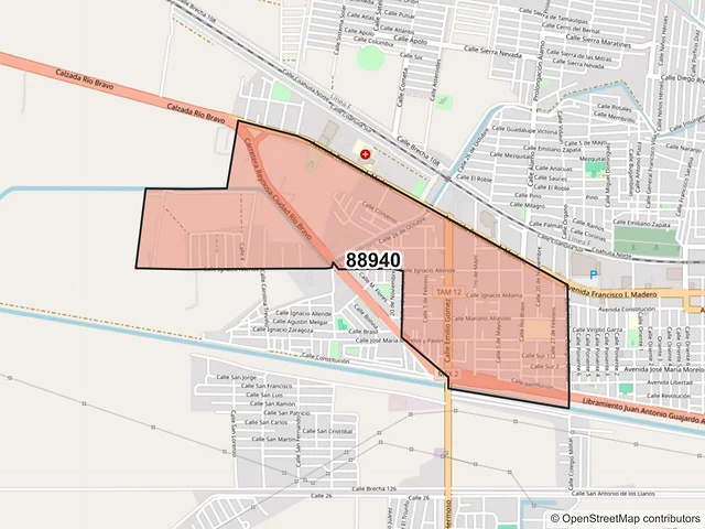 Mapa del código postal 88940, Río Bravo, Tamaulipas