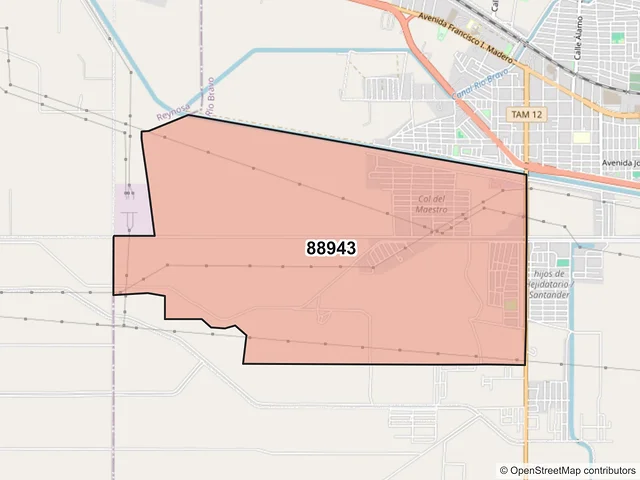 Mapa del código postal 88943, Río Bravo, Tamaulipas