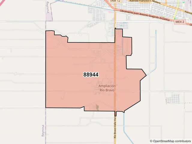 Mapa del código postal 88944, Río Bravo, Tamaulipas