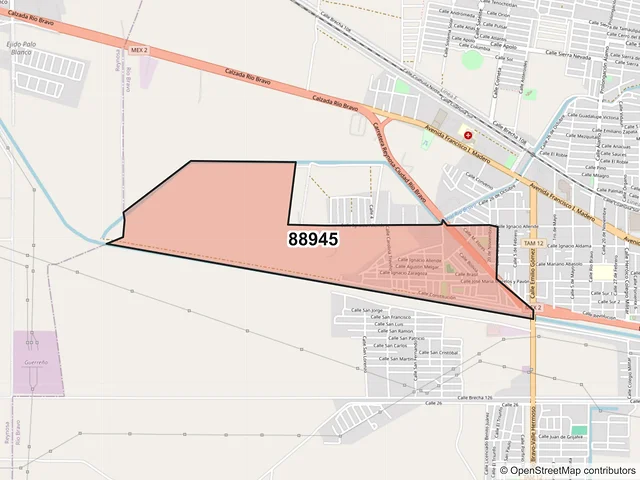 Mapa del código postal 88945, Río Bravo, Tamaulipas
