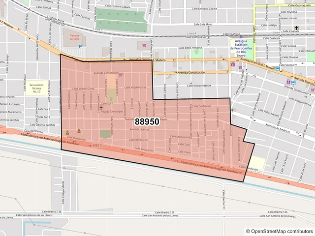 Mapa del código postal 88950, Río Bravo, Tamaulipas