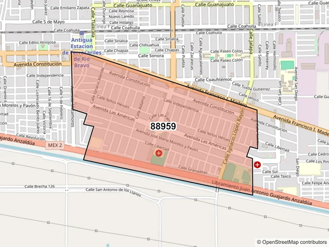 Mapa del código postal 88959, Río Bravo, Tamaulipas