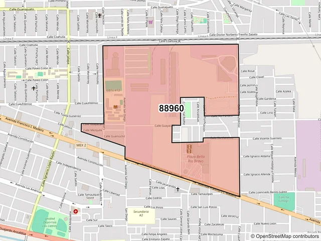 Mapa del código postal 88960, Río Bravo, Tamaulipas