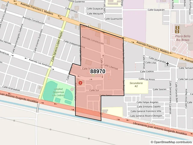 Mapa del código postal 88970, Río Bravo, Tamaulipas