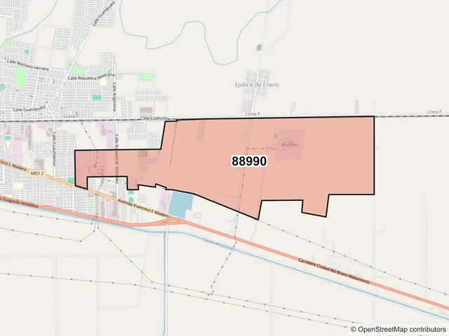 Mapa del código postal 88990, Río Bravo, Tamaulipas