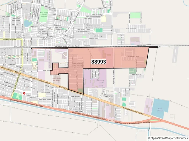 Mapa del código postal 88993, Río Bravo, Tamaulipas