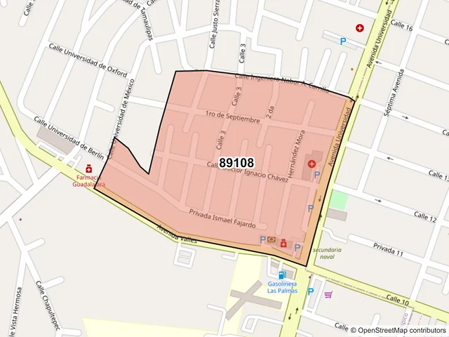 Mapa del código postal 89108, Tampico, Tamaulipas