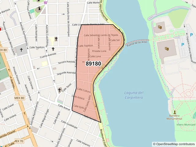 Mapa del código postal 89180, Tampico, Tamaulipas