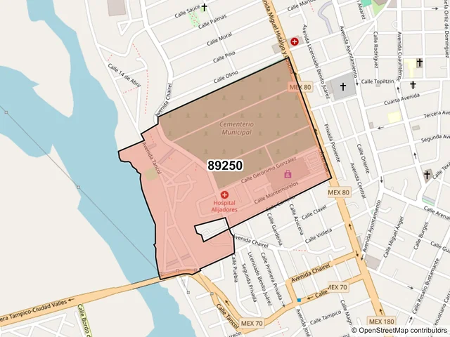 Mapa del código postal 89250, Tampico, Tamaulipas