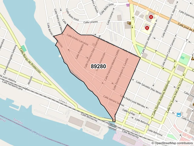 Mapa del código postal 89280, Tampico, Tamaulipas
