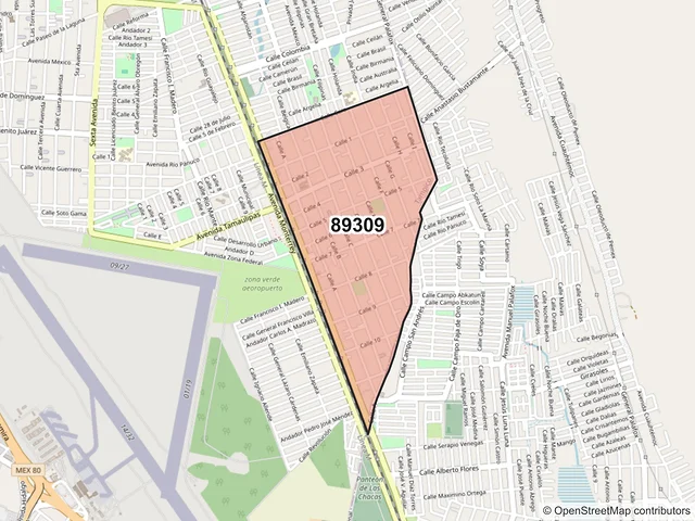 Mapa del código postal 89309, Tampico, Tamaulipas