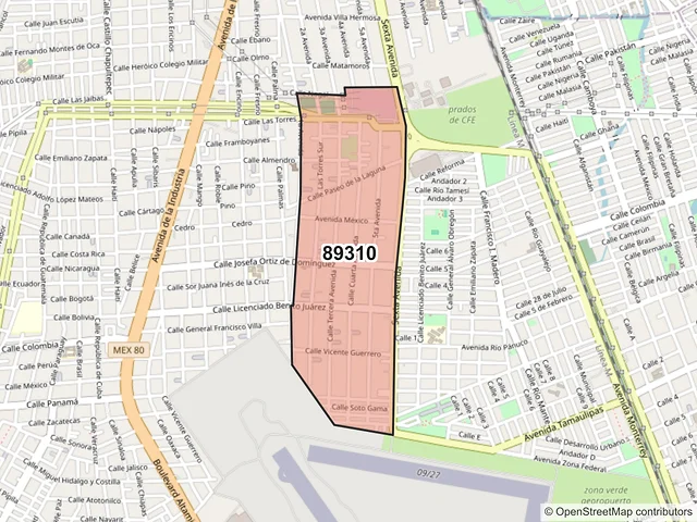Mapa del código postal 89310, Tampico, Tamaulipas