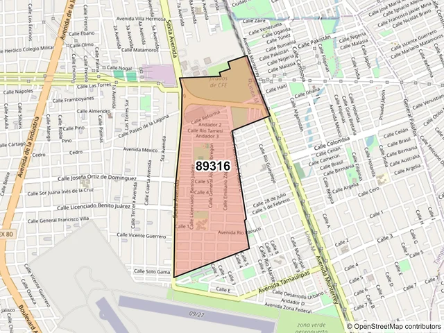Mapa del código postal 89316, Tampico, Tamaulipas