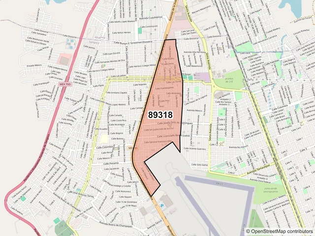 Mapa del código postal 89318, Tampico, Tamaulipas