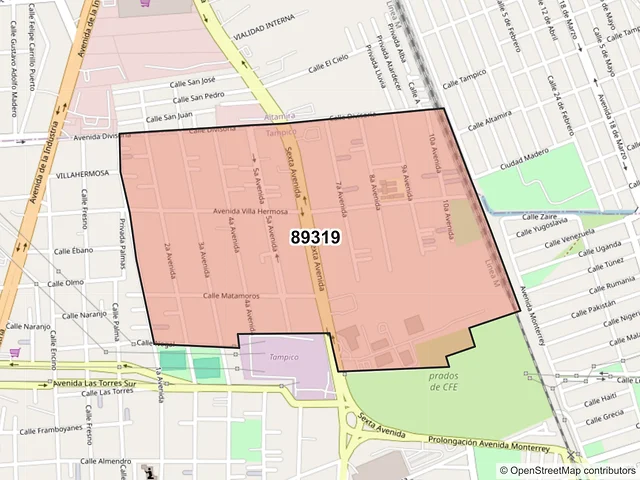 Mapa del código postal 89319, Tampico, Tamaulipas