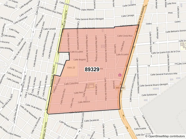 Mapa del código postal 89329, Tampico, Tamaulipas