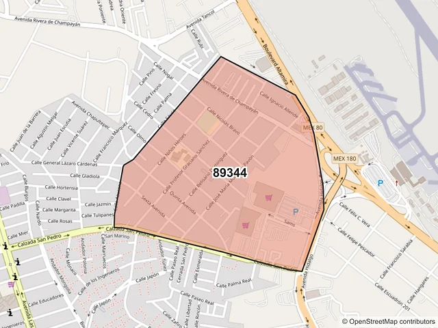 Mapa del código postal 89344, Tampico, Tamaulipas